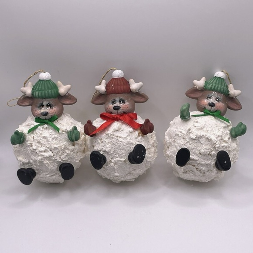 Glitter‎ Snowball Reindeer in Hats Christmas Ornaments Set of 3